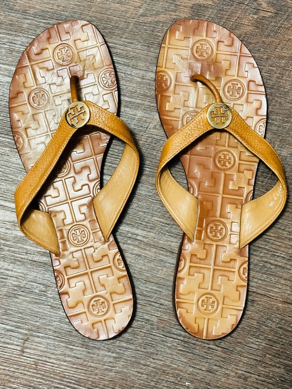 Tory Burch Tan Leather Logo Flip Flop Sandals